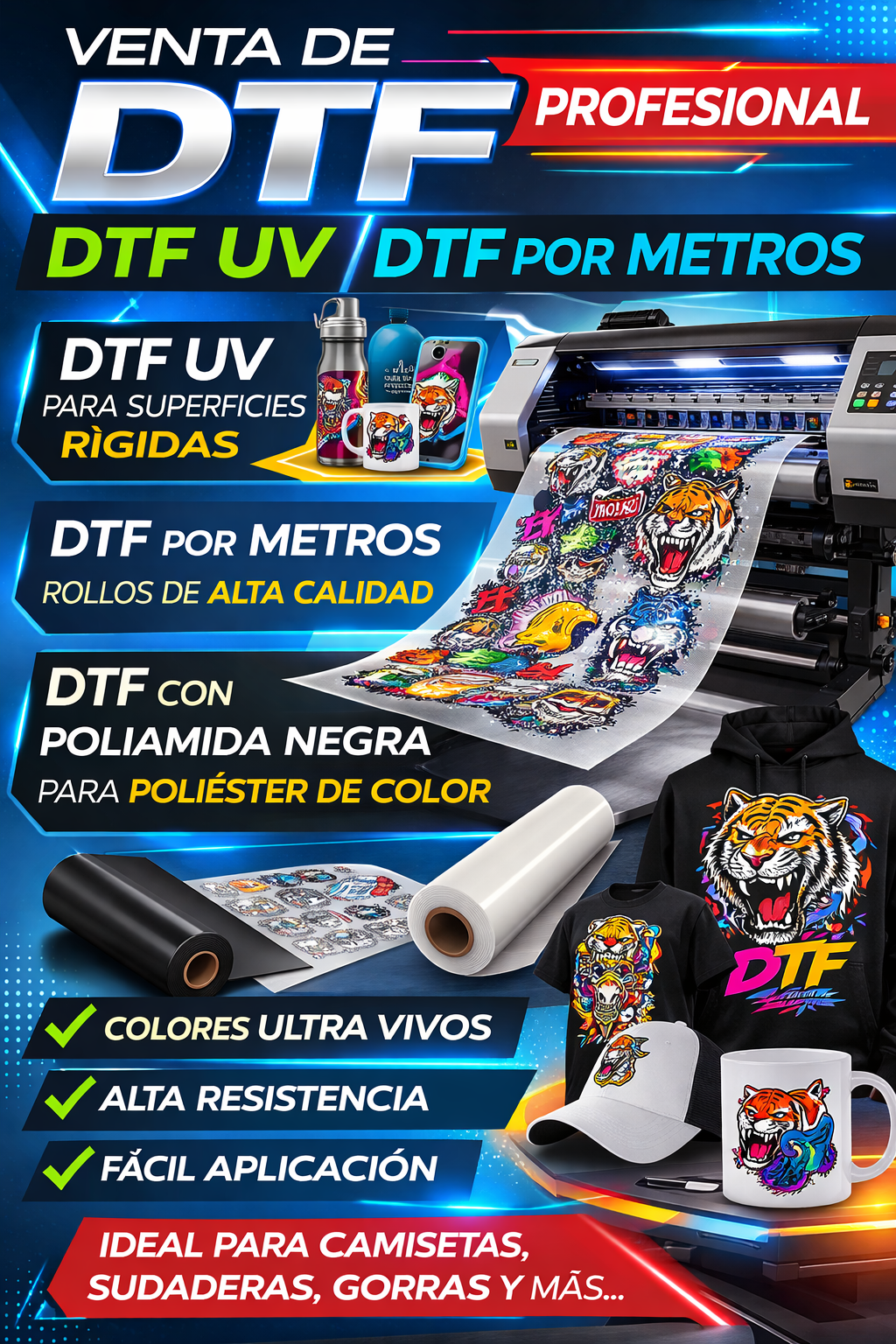 Venta de DTF por metros, DTF UV, DTF flúor y DTF con poliamida negra